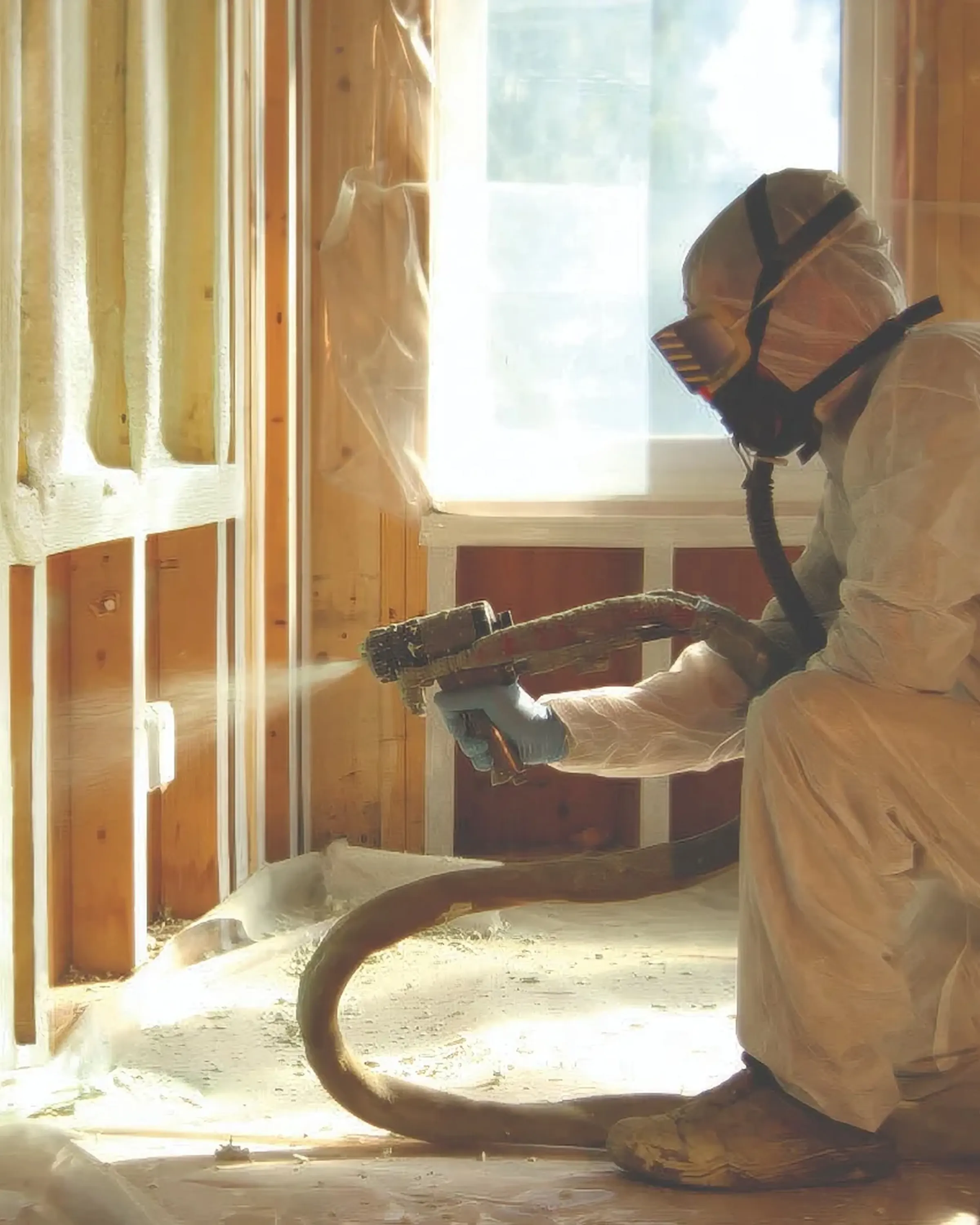 Spray foam contractor installing closed-cell spray foam on a residential job site